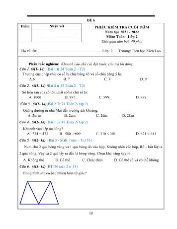Phiếu kiểm tra cuối năm Toán Lớp 2 - Đề 6 - Năm học 2021-2022 (Có hướng dẫn chấm)