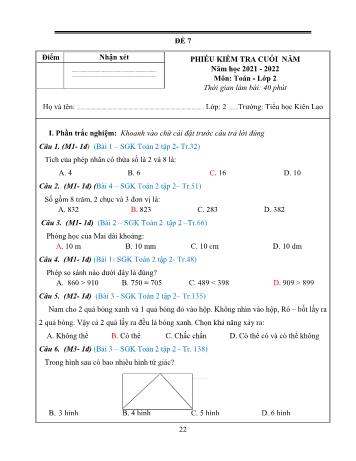 Phiếu kiểm tra cuối năm Toán Lớp 2 - Đề 7 - Năm học 2021-2022 (Có hướng dẫn chấm)