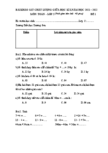 Bài khảo sát chất lượng giữa học kì I môn Toán Lớp 2 - Năm học 2021-2022 - Trường Tiểu học Trường Sơn