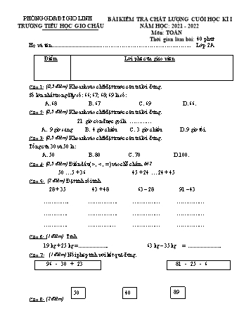 Bài kiểm tra chất lượng cuối học kì I môn Toán Lớp 2 - Năm học 2021-2022 - Trường Tiểu học Gio Châu (Có đáp án)