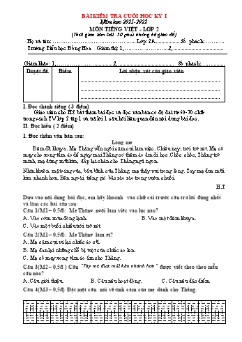Bài kiểm tra cuối học kỳ I môn Tiếng Việt Lớp 2 (Kết nối tri thức với cuộc sống) - Năm học 2021-2022 - Trường Tiểu học Đồng Hòa - Đề 3 (Có đáp án)