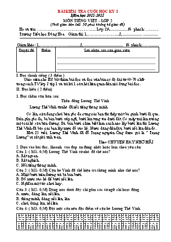 Bài kiểm tra cuối học kỳ I môn Tiếng Việt Lớp 2 (Kết nối tri thức với cuộc sống) - Năm học 2021-2022 - Trường Tiểu học Đồng Hòa - Đề 2 (Có đáp án)