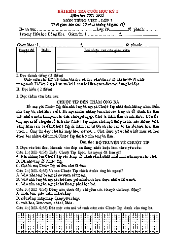 Bài kiểm tra cuối học kỳ I môn Tiếng Việt Lớp 2 (Kết nối tri thức với cuộc sống) - Năm học 2021-2022 - Trường Tiểu học Đồng Hòa - Đề 5 (Có đáp án)