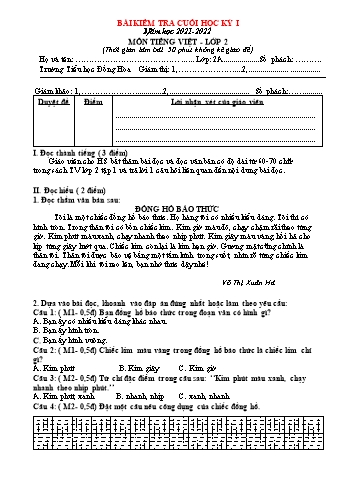 Bài kiểm tra cuối học kỳ I môn Tiếng Việt Lớp 2 (Kết nối tri thức với cuộc sống) - Năm học 2021-2022 - Trường Tiểu học Đồng Hòa - Đề 4 (Có đáp án)