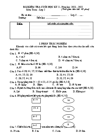 Bài kiểm tra cuối học kỳ I môn Toán Lớp 2 Sách Cánh diều - Năm học 2021-2022 (Có đáp án)