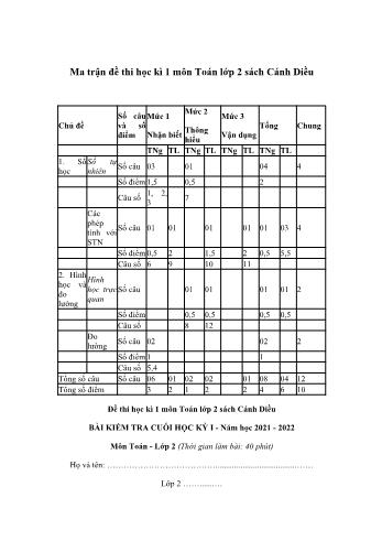 Bài kiểm tra cuối học kỳ I môn Toán Lớp 2 Sách Cánh diều - Năm học 2021-2022 (Có ma trận + đáp án)