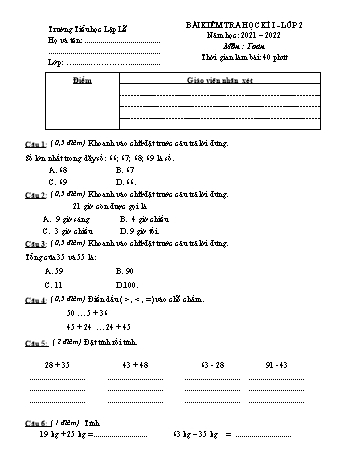 Bài kiểm tra học kì I môn Toán Lớp 2 Sách Kết nối tri thức với cuộc sống - Năm học 2021-2022 - Trường Tiểu học Lập Lễ (Có đáp án)