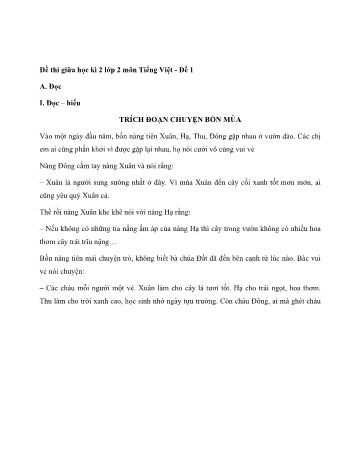 Bộ 3 đề thi giữa học kì 2 môn Tiếng Việt Khối 2 Sách Chân trời sáng tạo (Có đáp án)