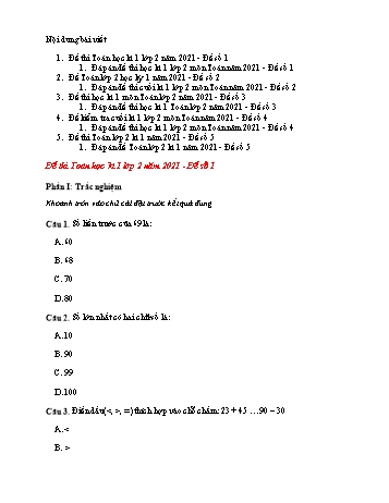 Bộ 5 đề thi học kì 1 môn Toán Lớp 2 - Năm học 2021-2022 (Có đáp án)