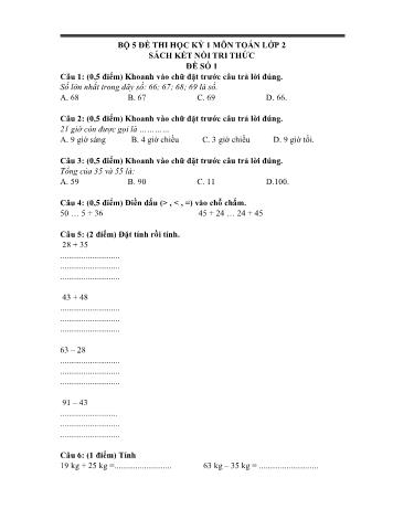Bộ 5 đề thi học kỳ 1 môn Toán Lớp 2 Sách Kết nối tri thức với cuộc sống (Có đáp án)