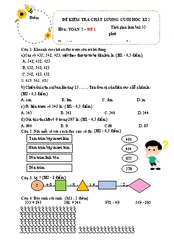 Đề kiểm tra chất lượng cuối học kì 2 môn Toán Lớp 2 Sách Cánh diều - Năm học 2021-2022 (Có đáp án)