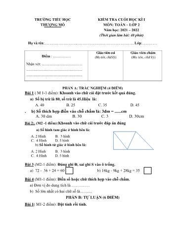 Đề kiểm tra cuối học kì I môn Toán Lớp 2 - Năm học 2021-2022 - Trường Tiểu học Thượng Mô (Có đáp án)