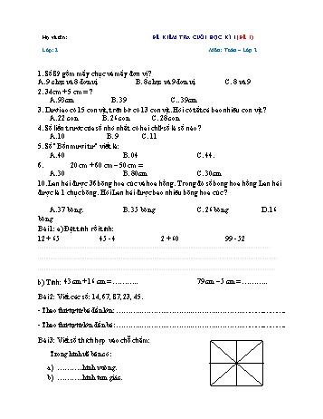 Đề kiểm tra cuối học kì I môn Toán Lớp 2 Sách Kết nối tri thức với cuộc sống