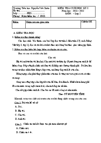 Đề kiểm tra cuối học kỳ I môn Tiếng Việt Lớp 2 - Năm học 2021-2022 - Trường Tiểu học Nguyễn Viết Xuân (Có đáp án)