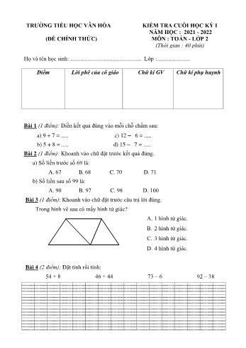 Đề kiểm tra cuối học kỳ I môn Toán Lớp 2 - Năm học 2021-2022 - Trường Tiểu học Vân Hòa (Có đáp án)