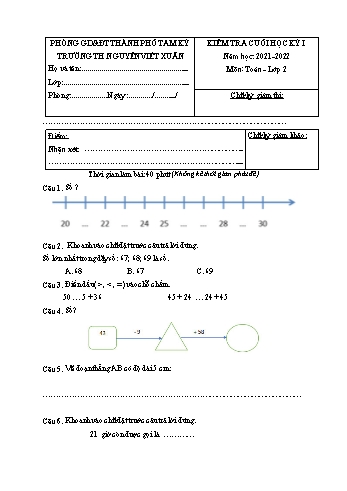 Đề kiểm tra cuối học kỳ I môn Toán Lớp 2 - Năm học 2021-2022 - Trường Tiểu học Nguyễn Viết Xuân (Có đáp án)