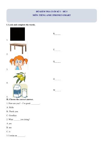 Đề kiểm tra cuối kì 1 môn Tiếng Anh Lớp 2 Sách Phonics-Smart - Đề 5 (Có đáp án)