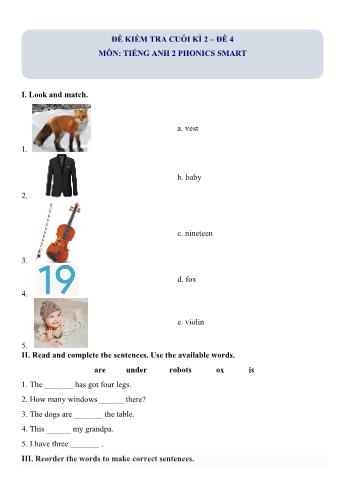 Đề kiểm tra cuối kì 2 môn Tiếng Anh Lớp 2 Sách Phonics Smart - Đề 4 (Có đáp án)