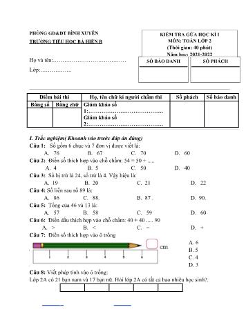 Đề kiểm tra giữa học kì I môn Toán Lớp 2 - Năm học 2021-2022 - Trường Tiểu học Bá Hiến B (Có đáp án)