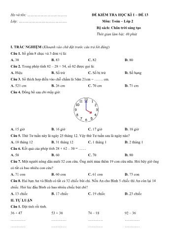 Đề kiểm tra học kì 1 môn Toán Lớp 2 Sách Chân trời sáng tạo - Đề số 13 (Có đáp án)