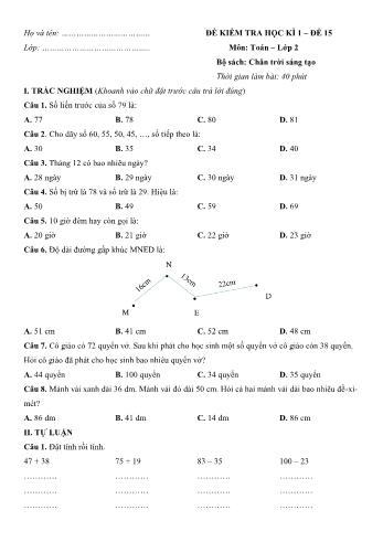 Đề kiểm tra học kì 1 môn Toán Lớp 2 Sách Chân trời sáng tạo - Đề số 15 (Có đáp án)
