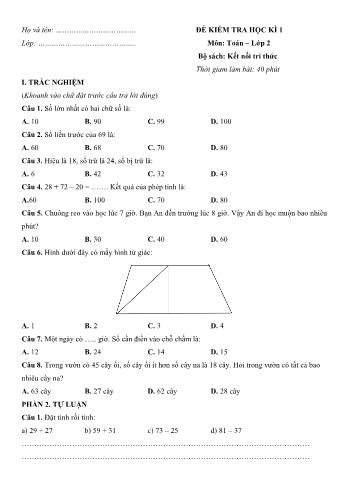Đề kiểm tra học kì 1 môn Toán Lớp 2 Sách Kết nối tri thức với cuộc sống - Đề số 9 (Có đáp án)