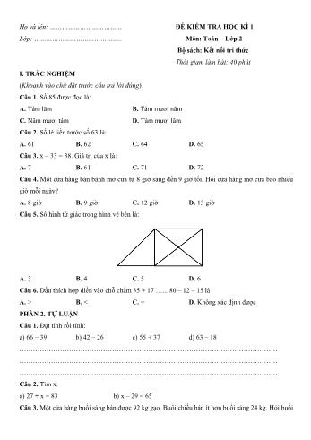 Đề kiểm tra học kì 1 môn Toán Lớp 2 Sách Kết nối tri thức với cuộc sống - Đề số 8 (Có đáp án)