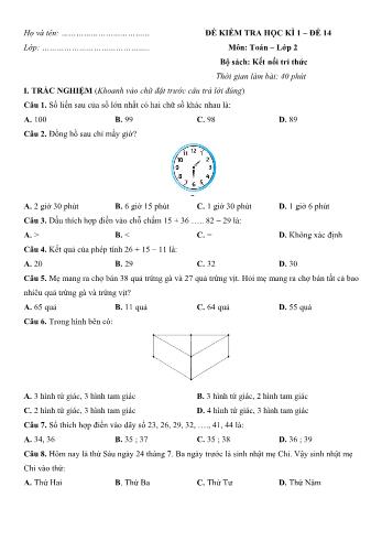 Đề kiểm tra học kì 1 môn Toán Lớp 2 Sách Kết nối tri thức với cuộc sống - Đề số 14 (Có đáp án)