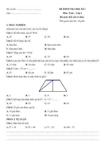 Đề kiểm tra học kì 1 môn Toán Lớp 2 Sách Kết nối tri thức với cuộc sống - Đề số 3 (Có đáp án)