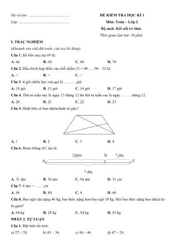 Đề kiểm tra học kì 1 môn Toán Lớp 2 Sách Kết nối tri thức với cuộc sống - Đề số 10 (Có đáp án)