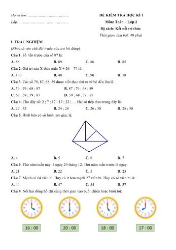 Đề kiểm tra học kì 1 môn Toán Lớp 2 Sách Kết nối tri thức với cuộc sống - Đề số 2 (Có đáp án)