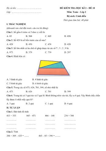 Đề kiểm tra học kì 2 môn Toán Lớp 2 Sách Cánh diều - Đề số 10 (Có đáp án)
