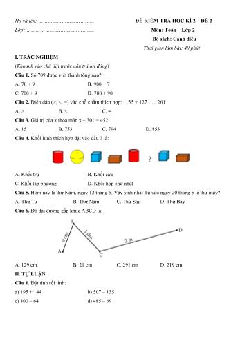 Đề kiểm tra học kì 2 môn Toán Lớp 2 Sách Cánh diều - Đề số 2 (Có đáp án)