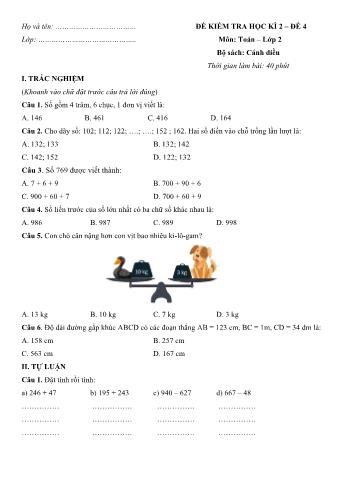 Đề kiểm tra học kì 2 môn Toán Lớp 2 Sách Cánh diều - Đề số 4 (Có đáp án)