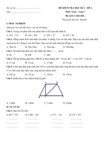 Đề kiểm tra học kì 2 môn Toán Lớp 2 Sách Cánh diều - Đề số 6 (Có đáp án)