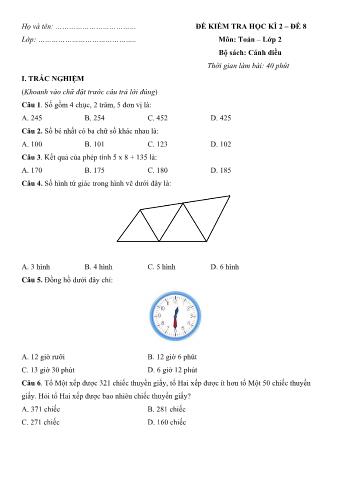 Đề kiểm tra học kì 2 môn Toán Lớp 2 Sách Cánh diều - Đề số 8 (Có đáp án)