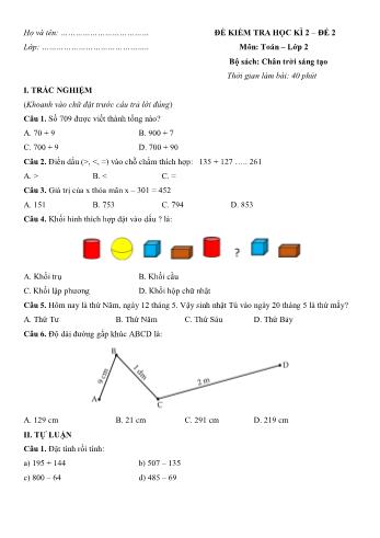 Đề kiểm tra học kì 2 môn Toán Lớp 2 Sách Chân trời sáng tạo - Đề số 2 (Có đáp án)