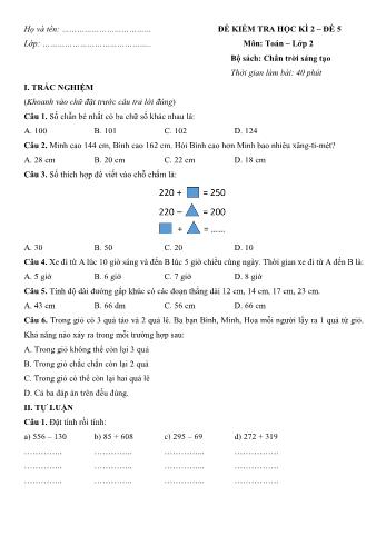 Đề kiểm tra học kì 2 môn Toán Lớp 2 Sách Chân trời sáng tạo - Đề số 5 (Có đáp án)