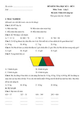 Đề kiểm tra học kì 2 môn Toán Lớp 2 Sách Chân trời sáng tạo - Đề số 9 (Có đáp án)
