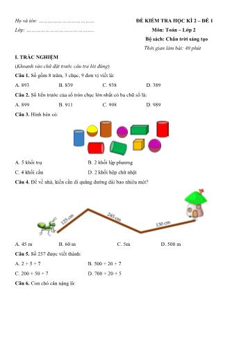 Đề kiểm tra học kì 2 môn Toán Lớp 2 Sách Chân trời sáng tạo - Đề số 1 (Có đáp án)