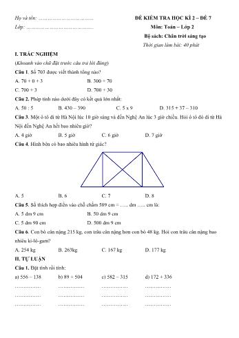Đề kiểm tra học kì 2 môn Toán Lớp 2 Sách Chân trời sáng tạo - Đề số 7 (Có đáp án)