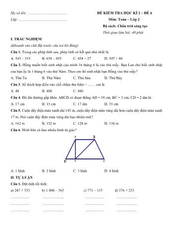 Đề kiểm tra học kì 2 môn Toán Lớp 2 Sách Chân trời sáng tạo - Đề số 6 (Có đáp án)