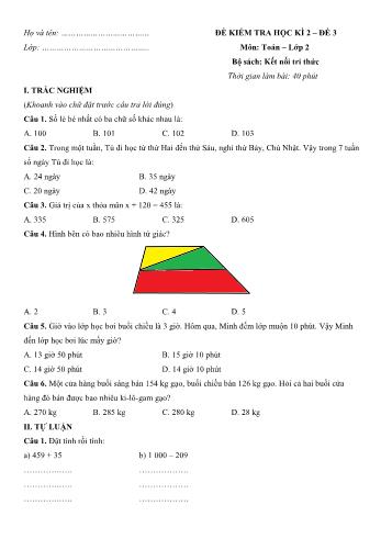 Đề kiểm tra học kì 2 môn Toán Lớp 2 Sách Kết nối tri thức với cuộc sống - Đề số 3 (Có đáp án)