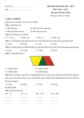 Đề kiểm tra học kì 2 môn Toán Lớp 2 Sách Kết nối tri thức với cuộc sống - Đề số 9 (Có đáp án)