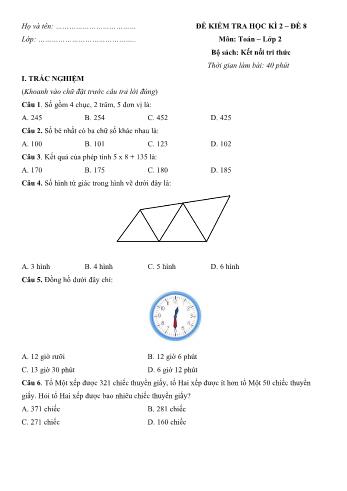 Đề kiểm tra học kì 2 môn Toán Lớp 2 Sách Kết nối tri thức với cuộc sống - Đề số 8 (Có đáp án)