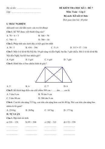 Đề kiểm tra học kì 2 môn Toán Lớp 2 Sách Kết nối tri thức với cuộc sống - Đề số 7 (Có đáp án)