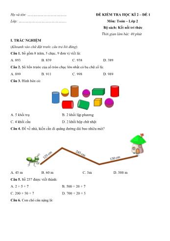Đề kiểm tra học kì 2 môn Toán Lớp 2 Sách Kết nối tri thức với cuộc sống - Đề số 1 (Có đáp án)