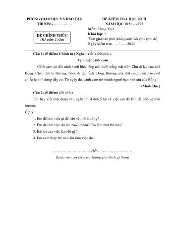 Đề kiểm tra học kì II môn Tiếng Việt Lớp 2 Sách Cánh diều - Năm học 2021-2022 (Có đáp án)
