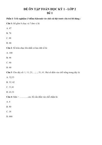 Đề ôn tập học kỳ 1 môn Toán Lớp 2 (Có đáp án)
