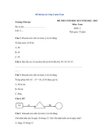 Đề thi cuối học kì I môn Toán Lớp 2 Sách Chân trời sáng tạo - Năm học 2022-2023